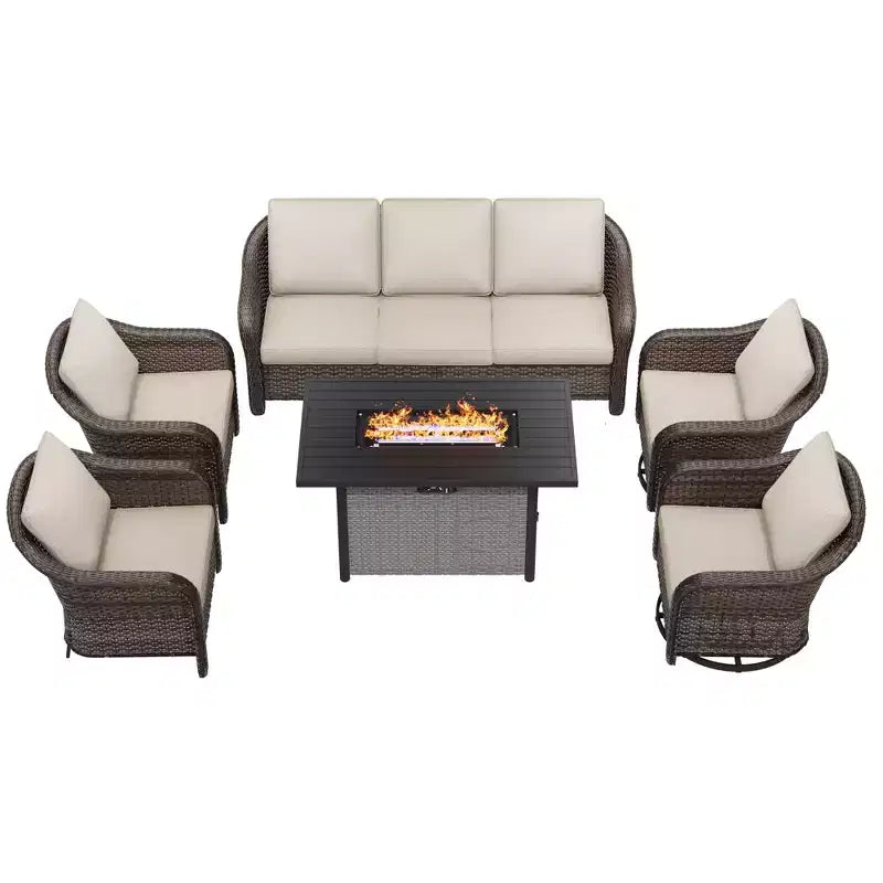 Conjunto exterior UPTIOT de 6 piezas con sofá de 3 plazas, 2 sillas giratorias, 2 sillas individuales y mesa con fogón marrón de 50,000 BTU