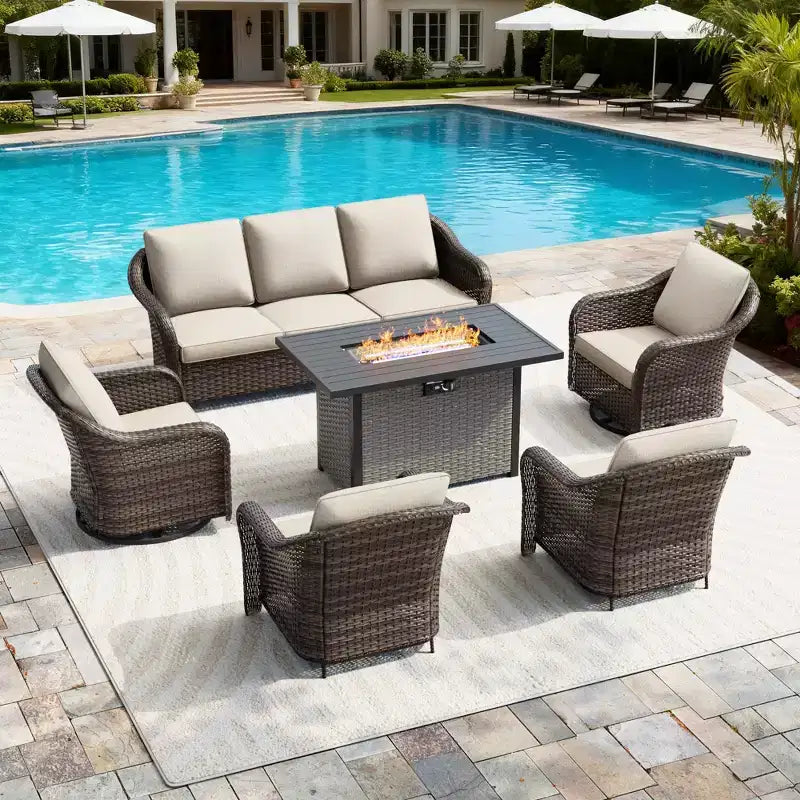 Conjunto exterior UPTIOT de 6 piezas con sofá de 3 plazas, 2 sillas giratorias, 2 sillas individuales y mesa con fogón marrón de 50,000 BTU