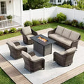 UPTIOT 6-Piece Outdoor Set with 3-Seat Sofa, 2 Swivel Chairs, 2 Single Chairs & 50,000 BTU Brown Fire Table