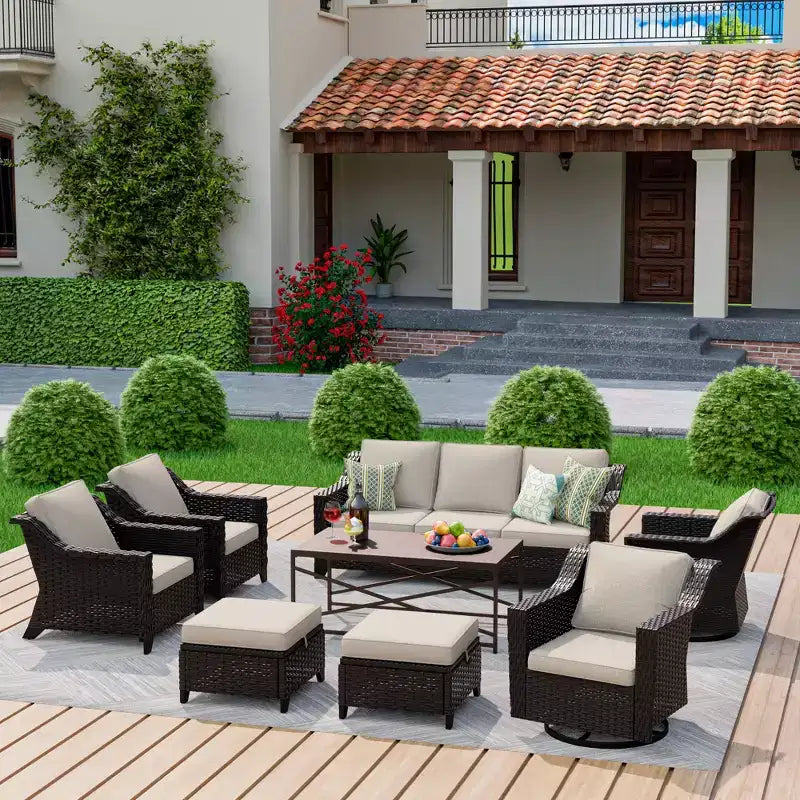 Conjunto exterior premium de 8 piezas UPTIOT: sofá de 3 plazas, 2 sillas individuales, 2 sillas giratorias, 2 otomanas y mesa de centro
