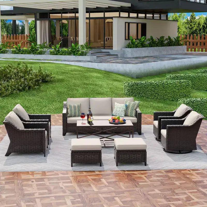 Conjunto exterior premium de 8 piezas UPTIOT: sofá de 3 plazas, 2 sillas individuales, 2 sillas giratorias, 2 otomanas y mesa de centro
