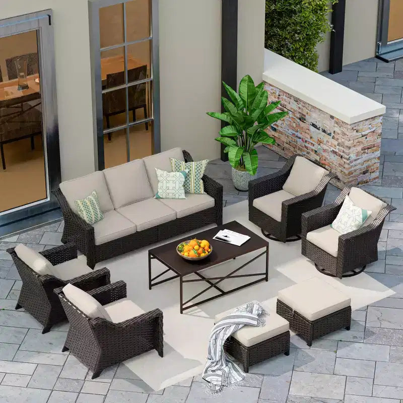 Conjunto exterior premium de 8 piezas UPTIOT: sofá de 3 plazas, 2 sillas individuales, 2 sillas giratorias, 2 otomanas y mesa de centro