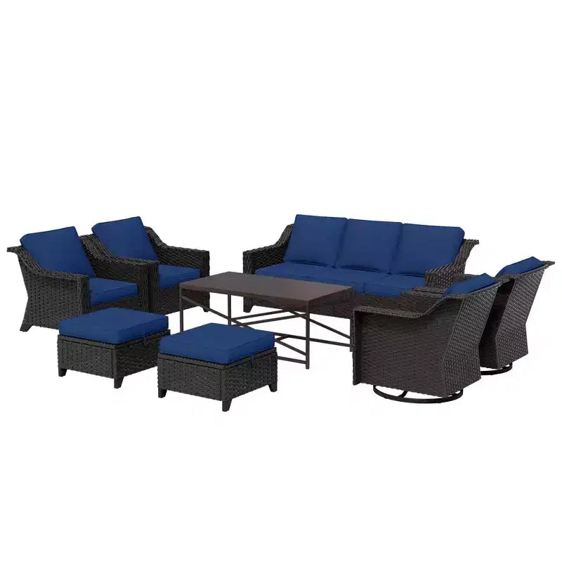 Conjunto exterior premium de 8 piezas UPTIOT: sofá de 3 plazas, 2 sillas individuales, 2 sillas giratorias, 2 otomanas y mesa de centro