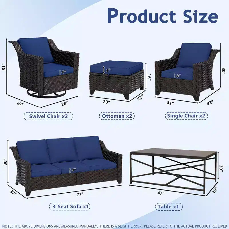 Conjunto exterior premium de 8 piezas UPTIOT: sofá de 3 plazas, 2 sillas individuales, 2 sillas giratorias, 2 otomanas y mesa de centro