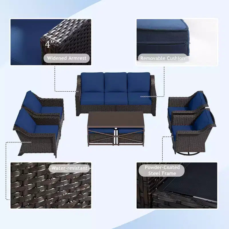 Conjunto exterior premium de 8 piezas UPTIOT: sofá de 3 plazas, 2 sillas individuales, 2 sillas giratorias, 2 otomanas y mesa de centro