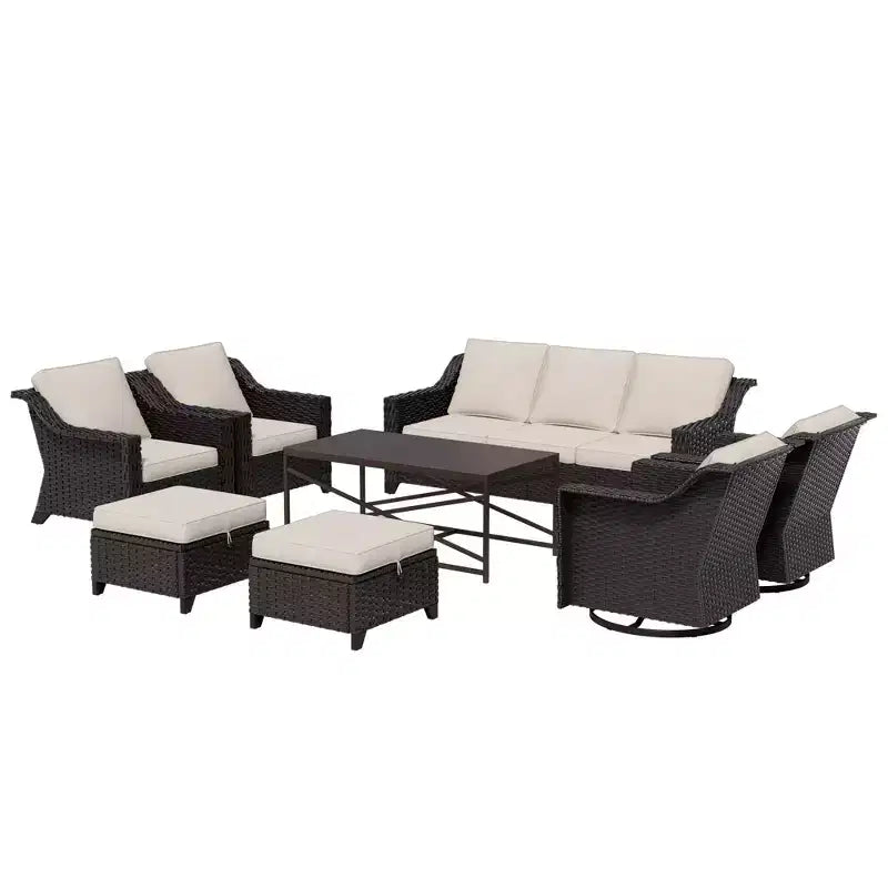 Conjunto exterior premium de 8 piezas UPTIOT: sofá de 3 plazas, 2 sillas individuales, 2 sillas giratorias, 2 otomanas y mesa de centro