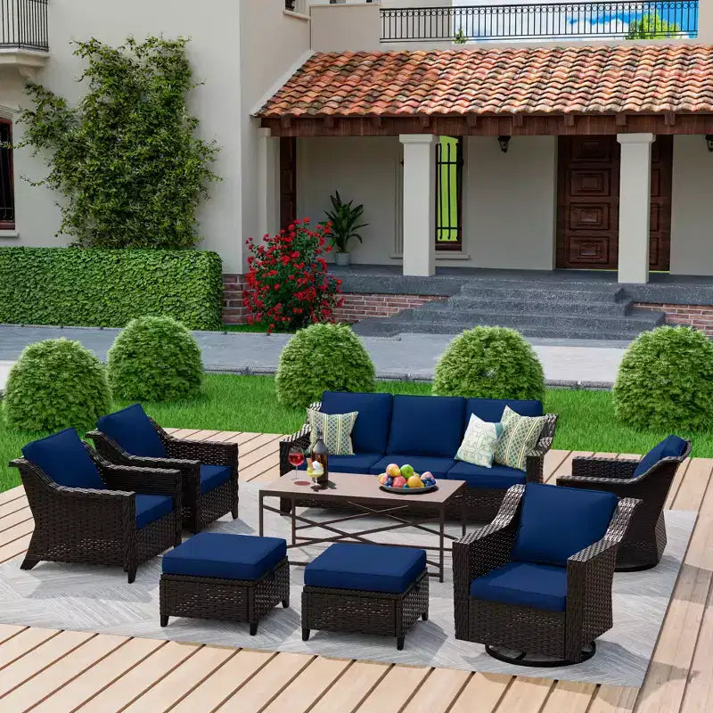 Conjunto exterior premium de 8 piezas UPTIOT: sofá de 3 plazas, 2 sillas individuales, 2 sillas giratorias, 2 otomanas y mesa de centro