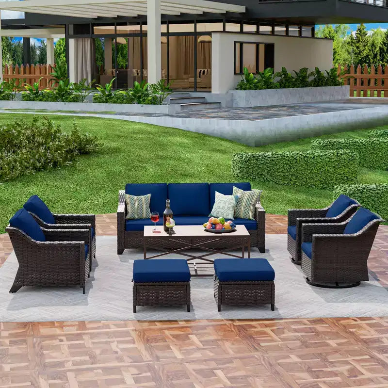 Conjunto exterior premium de 8 piezas UPTIOT: sofá de 3 plazas, 2 sillas individuales, 2 sillas giratorias, 2 otomanas y mesa de centro