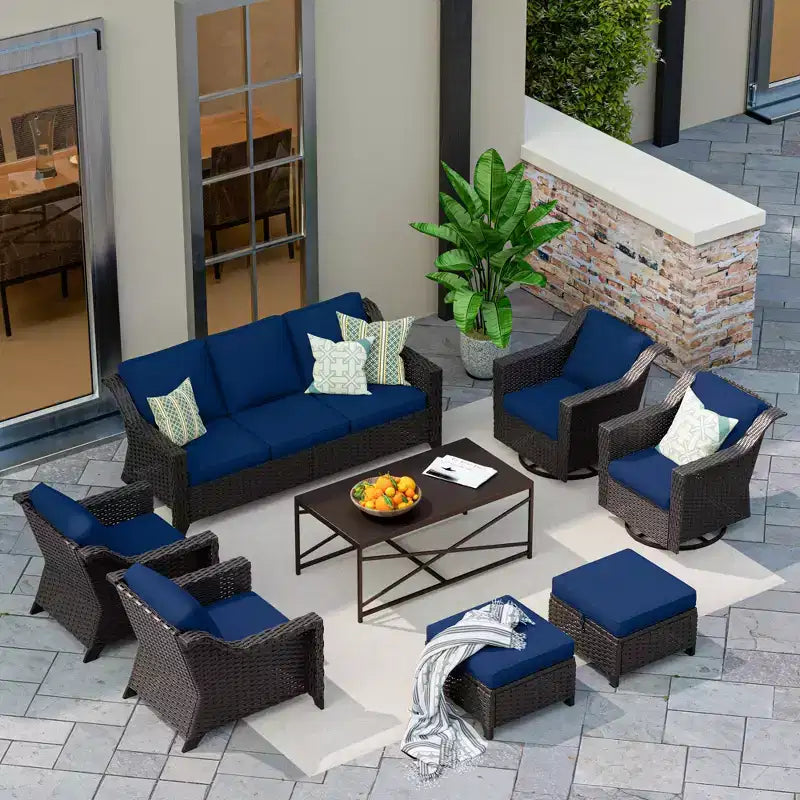 Conjunto exterior premium de 8 piezas UPTIOT: sofá de 3 plazas, 2 sillas individuales, 2 sillas giratorias, 2 otomanas y mesa de centro