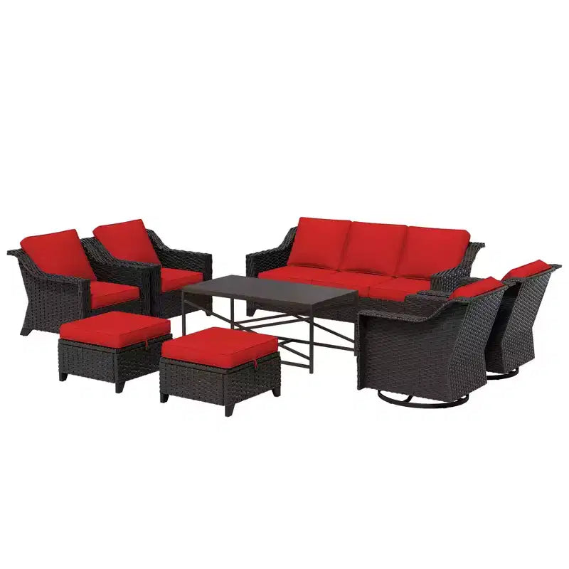 Conjunto exterior premium de 8 piezas UPTIOT: sofá de 3 plazas, 2 sillas individuales, 2 sillas giratorias, 2 otomanas y mesa de centro