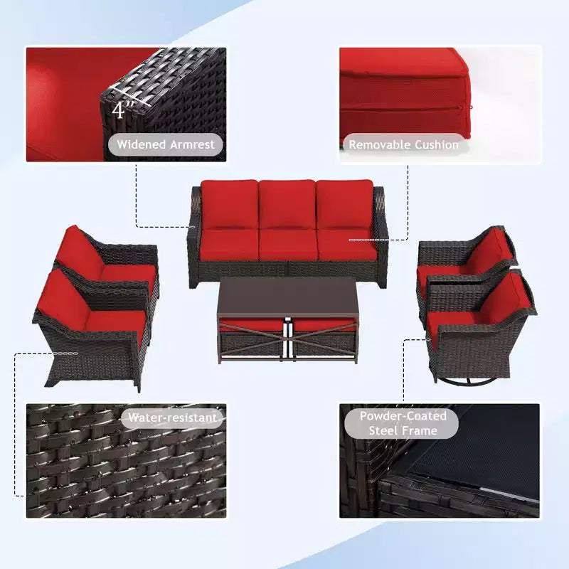 Conjunto exterior premium de 8 piezas UPTIOT: sofá de 3 plazas, 2 sillas individuales, 2 sillas giratorias, 2 otomanas y mesa de centro