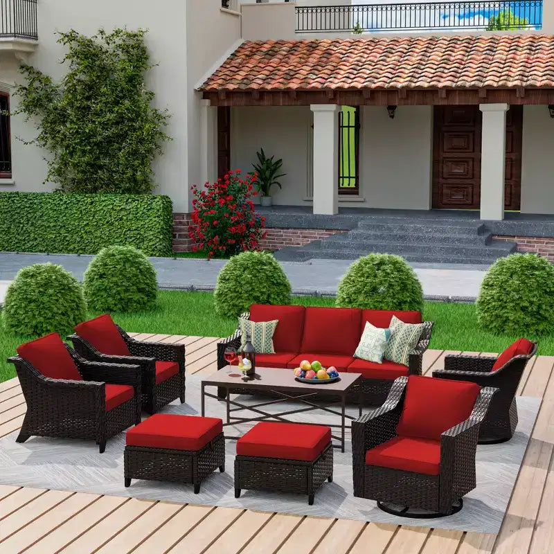 Conjunto exterior premium de 8 piezas UPTIOT: sofá de 3 plazas, 2 sillas individuales, 2 sillas giratorias, 2 otomanas y mesa de centro