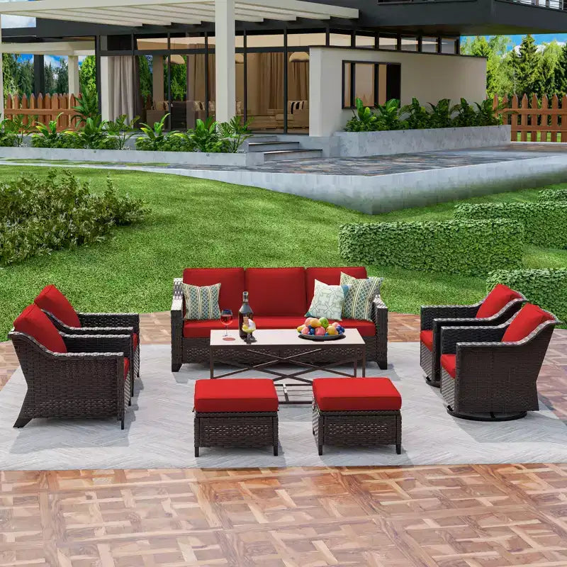 Conjunto exterior premium de 8 piezas UPTIOT: sofá de 3 plazas, 2 sillas individuales, 2 sillas giratorias, 2 otomanas y mesa de centro