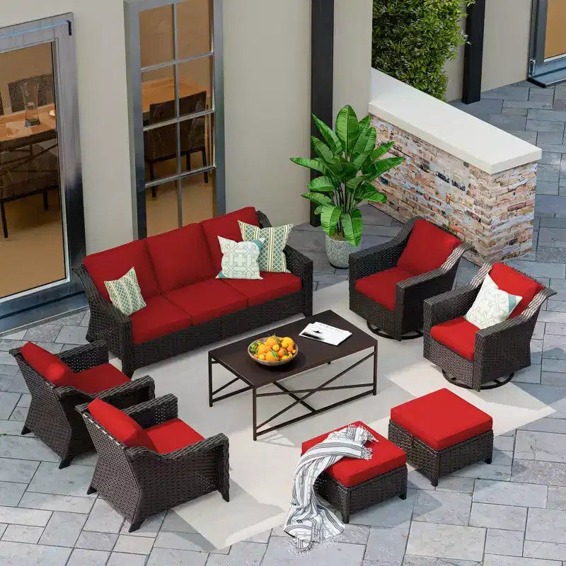Conjunto exterior premium de 8 piezas UPTIOT: sofá de 3 plazas, 2 sillas individuales, 2 sillas giratorias, 2 otomanas y mesa de centro