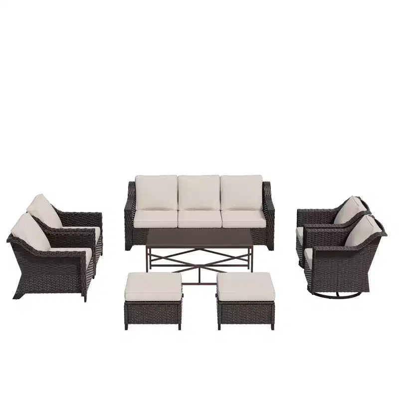 Conjunto exterior premium de 8 piezas UPTIOT: sofá de 3 plazas, 2 sillas individuales, 2 sillas giratorias, 2 otomanas y mesa de centro