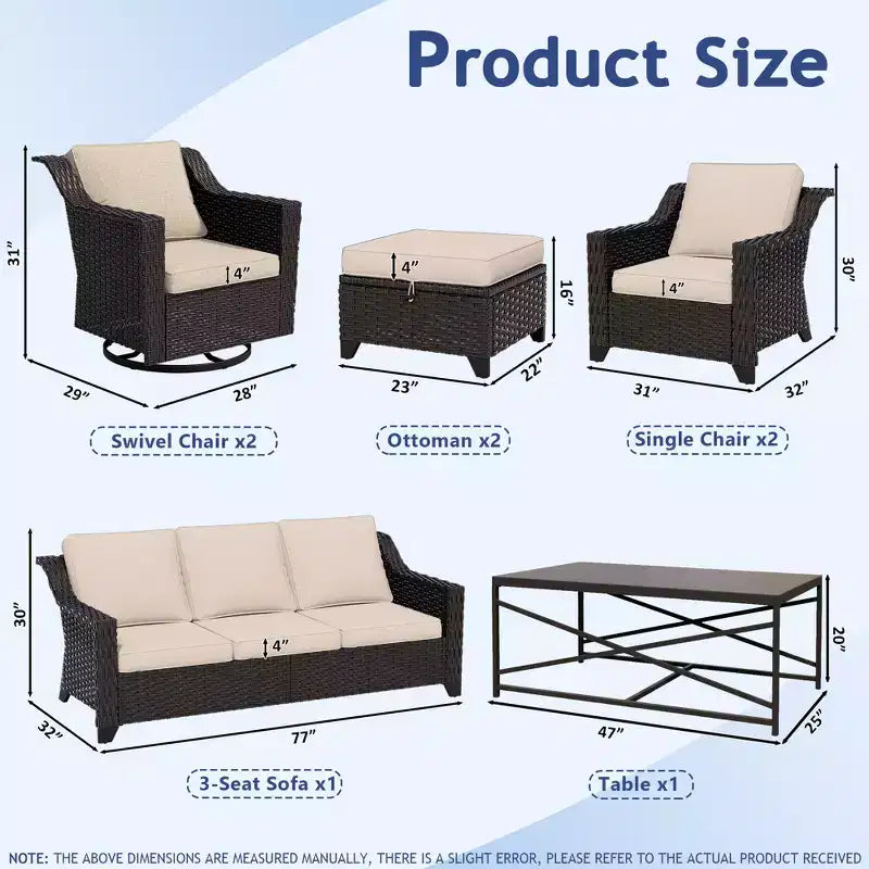 Conjunto exterior premium de 8 piezas UPTIOT: sofá de 3 plazas, 2 sillas individuales, 2 sillas giratorias, 2 otomanas y mesa de centro