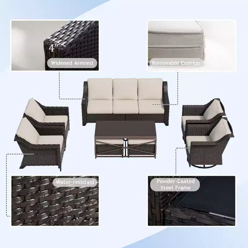 Conjunto exterior premium de 8 piezas UPTIOT: sofá de 3 plazas, 2 sillas individuales, 2 sillas giratorias, 2 otomanas y mesa de centro