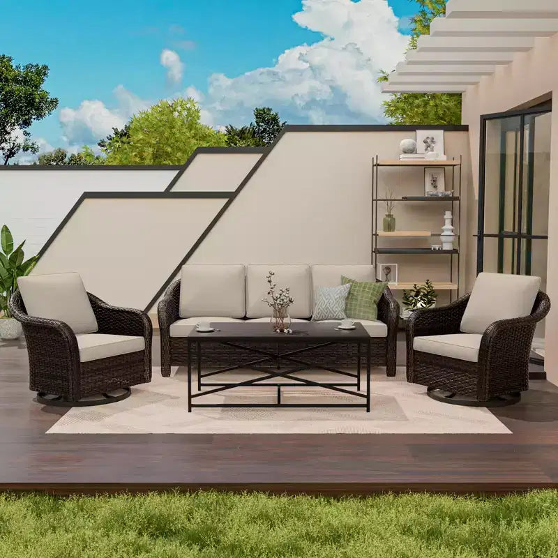 UPTIOT conjunto de patio exterior: sofá de 3 plazas, 2 sillas mecedoras giratorias y mesa de centro para disfrutar de la comodidad en cualquier clima