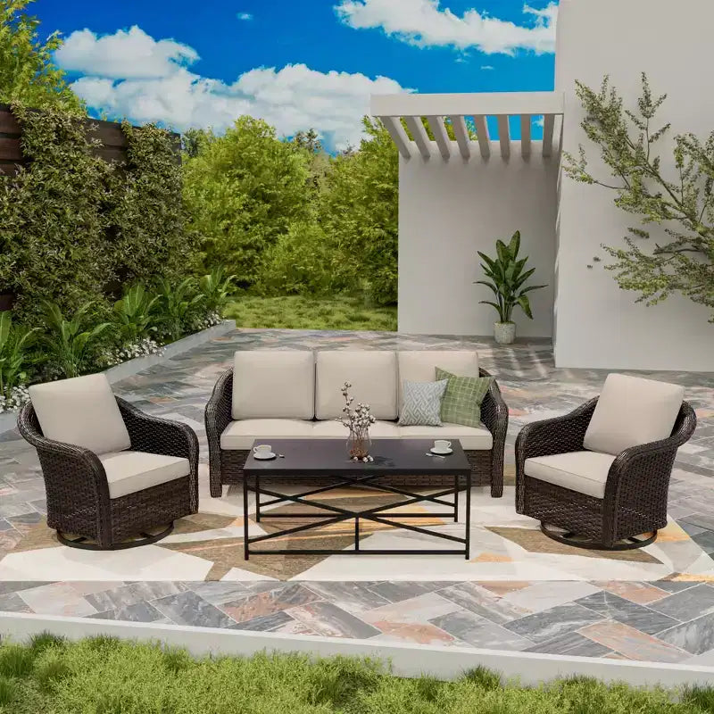 UPTIOT conjunto de patio exterior: sofá de 3 plazas, 2 sillas mecedoras giratorias y mesa de centro para disfrutar de la comodidad en cualquier clima