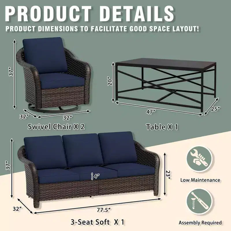 UPTIOT conjunto de patio exterior: sofá de 3 plazas, 2 sillas mecedoras giratorias y mesa de centro para disfrutar de la comodidad en cualquier clima