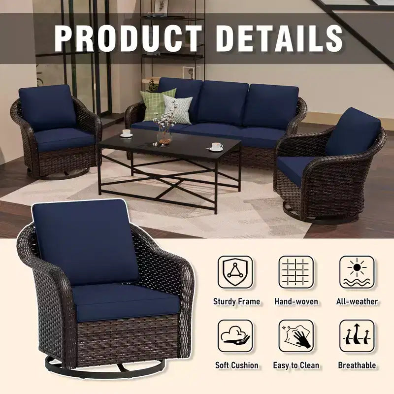 UPTIOT conjunto de patio exterior: sofá de 3 plazas, 2 sillas mecedoras giratorias y mesa de centro para disfrutar de la comodidad en cualquier clima