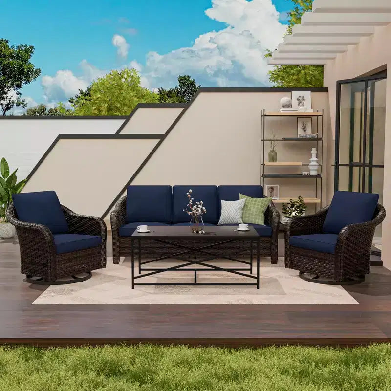 UPTIOT conjunto de patio exterior: sofá de 3 plazas, 2 sillas mecedoras giratorias y mesa de centro para disfrutar de la comodidad en cualquier clima