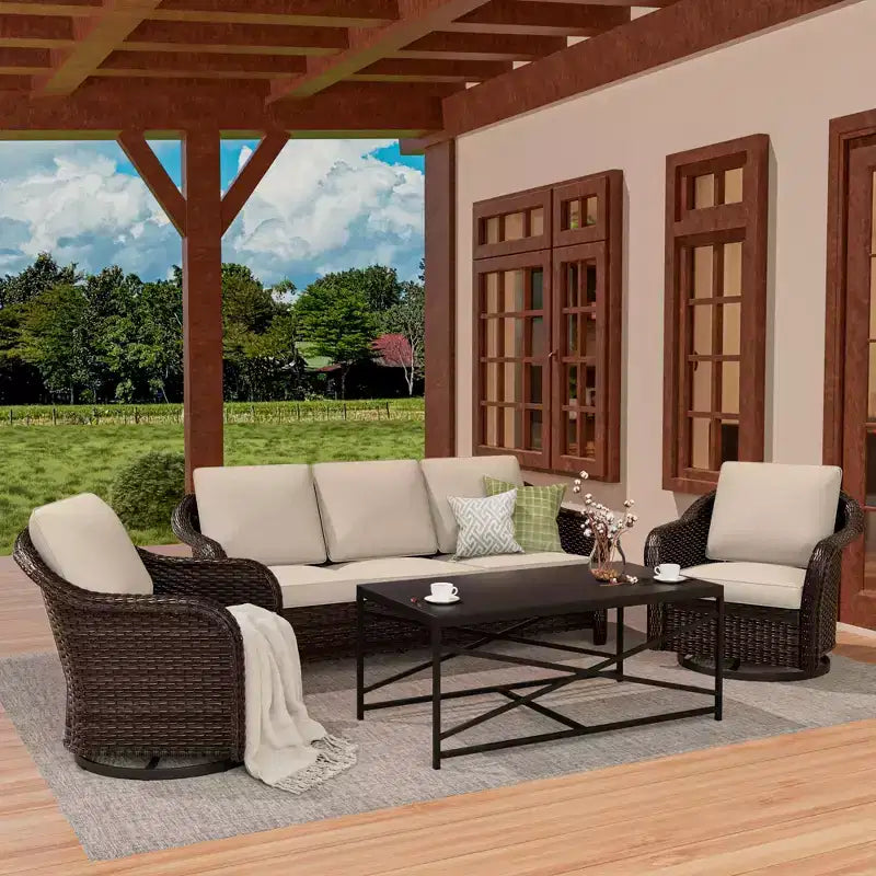 UPTIOT conjunto de patio exterior: sofá de 3 plazas, 2 sillas mecedoras giratorias y mesa de centro para disfrutar de la comodidad en cualquier clima
