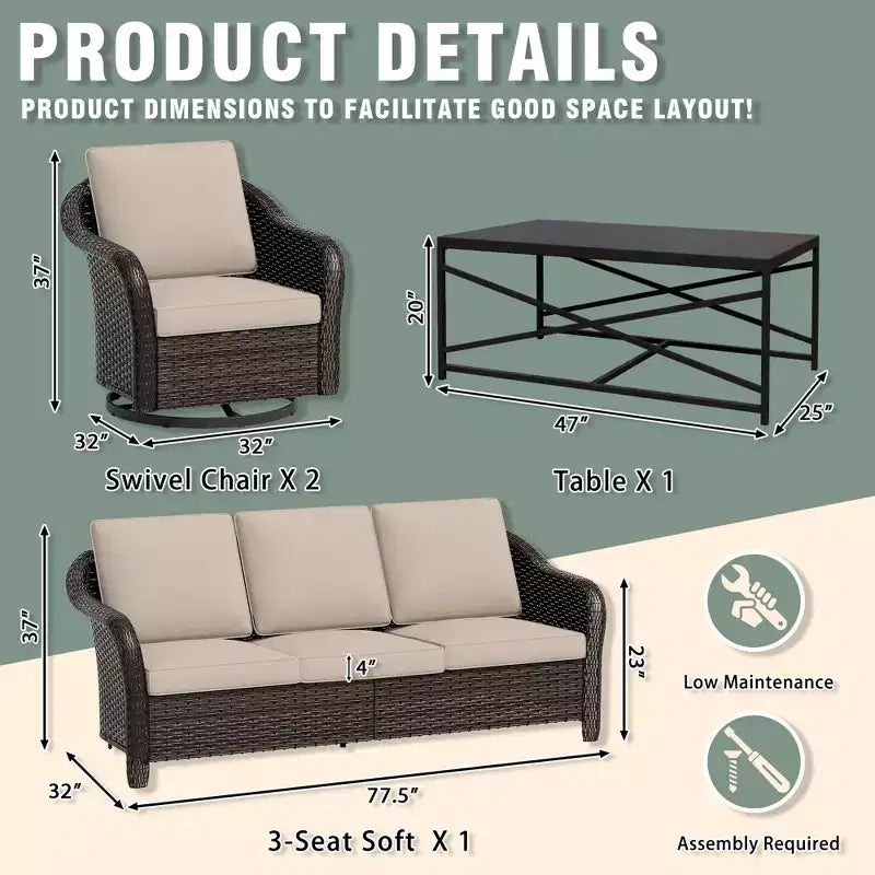 UPTIOT conjunto de patio exterior: sofá de 3 plazas, 2 sillas mecedoras giratorias y mesa de centro para disfrutar de la comodidad en cualquier clima