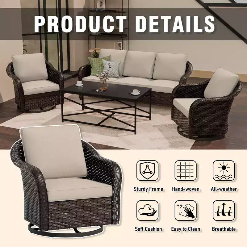 UPTIOT conjunto de patio exterior: sofá de 3 plazas, 2 sillas mecedoras giratorias y mesa de centro para disfrutar de la comodidad en cualquier clima