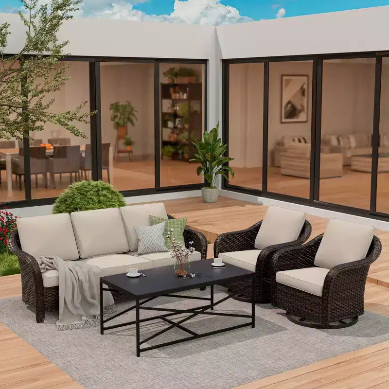 UPTIOT conjunto de patio exterior: sofá de 3 plazas, 2 sillas mecedoras giratorias y mesa de centro para disfrutar de la comodidad en cualquier clima