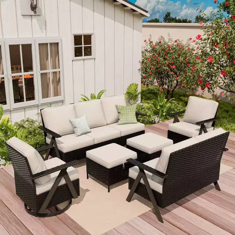 Conjunto premium de asientos para exterior UPTIOT: sofá de 3 plazas, chaise longue doble, 2 pufs y 2 sillas mecedoras giratorias para disfrutar del patio
