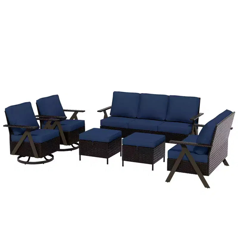 Conjunto premium de asientos para exterior UPTIOT: sofá de 3 plazas, chaise longue doble, 2 pufs y 2 sillas mecedoras giratorias para disfrutar del patio