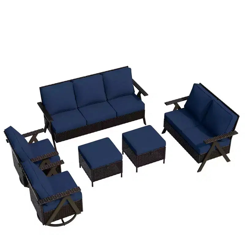 Conjunto premium de asientos para exterior UPTIOT: sofá de 3 plazas, chaise longue doble, 2 pufs y 2 sillas mecedoras giratorias para disfrutar del patio