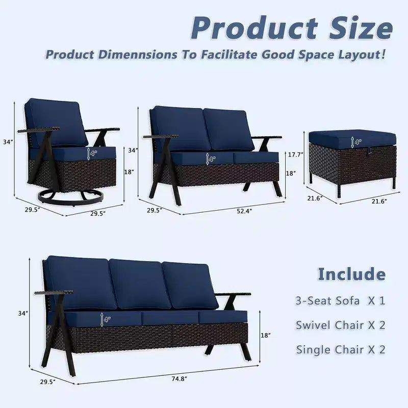 Conjunto premium de asientos para exterior UPTIOT: sofá de 3 plazas, chaise longue doble, 2 pufs y 2 sillas mecedoras giratorias para disfrutar del patio