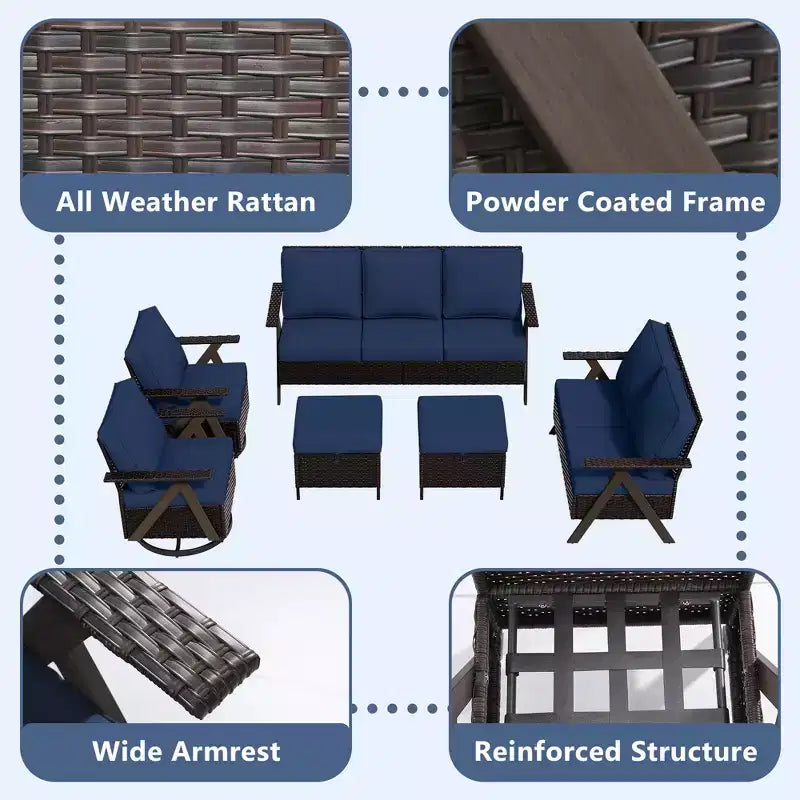 Conjunto premium de asientos para exterior UPTIOT: sofá de 3 plazas, chaise longue doble, 2 pufs y 2 sillas mecedoras giratorias para disfrutar del patio