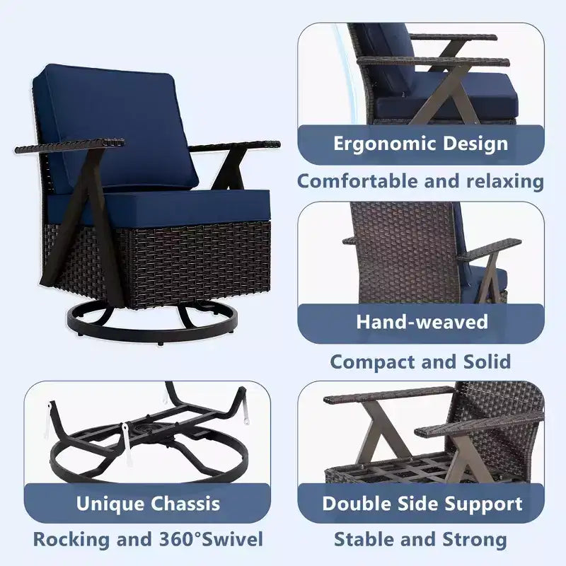 Conjunto premium de asientos para exterior UPTIOT: sofá de 3 plazas, chaise longue doble, 2 pufs y 2 sillas mecedoras giratorias para disfrutar del patio