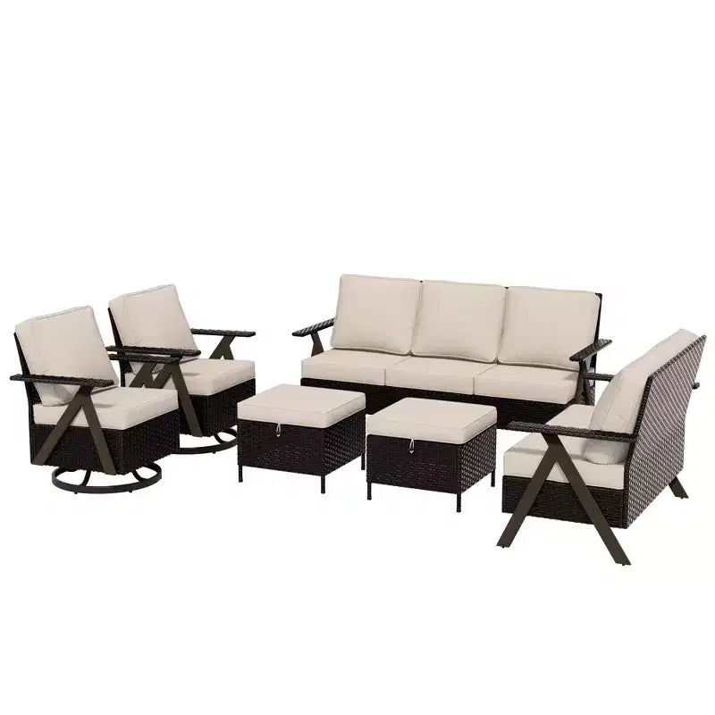 Conjunto premium de asientos para exterior UPTIOT: sofá de 3 plazas, chaise longue doble, 2 pufs y 2 sillas mecedoras giratorias para disfrutar del patio