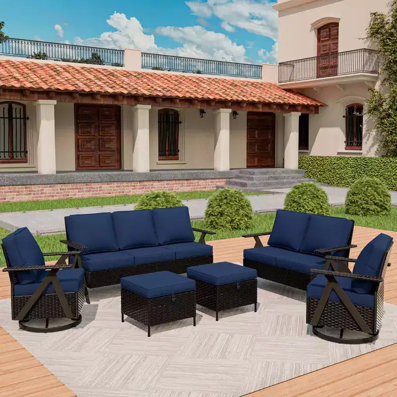 Conjunto premium de asientos para exterior UPTIOT: sofá de 3 plazas, chaise longue doble, 2 pufs y 2 sillas mecedoras giratorias para disfrutar del patio