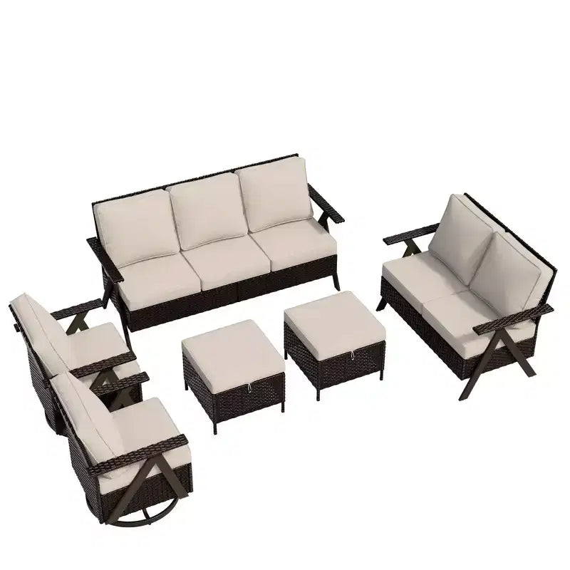 Conjunto premium de asientos para exterior UPTIOT: sofá de 3 plazas, chaise longue doble, 2 pufs y 2 sillas mecedoras giratorias para disfrutar del patio