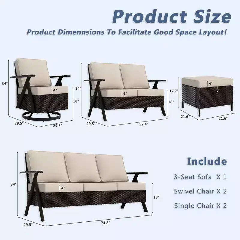 Conjunto premium de asientos para exterior UPTIOT: sofá de 3 plazas, chaise longue doble, 2 pufs y 2 sillas mecedoras giratorias para disfrutar del patio
