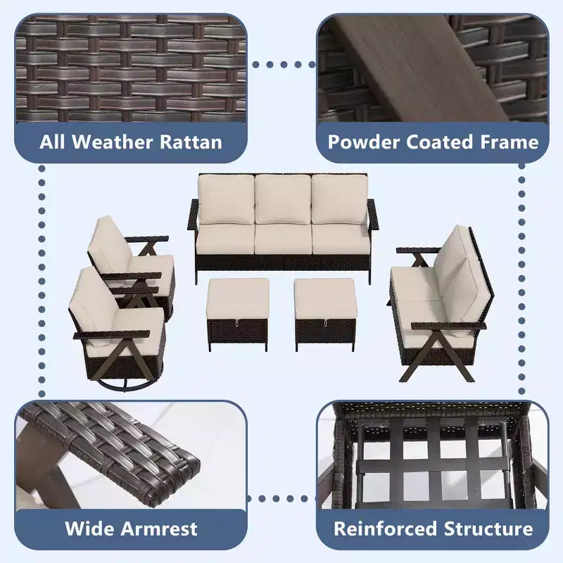 Conjunto premium de asientos para exterior UPTIOT: sofá de 3 plazas, chaise longue doble, 2 pufs y 2 sillas mecedoras giratorias para disfrutar del patio