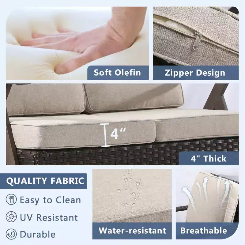Conjunto premium de asientos para exterior UPTIOT: sofá de 3 plazas, chaise longue doble, 2 pufs y 2 sillas mecedoras giratorias para disfrutar del patio