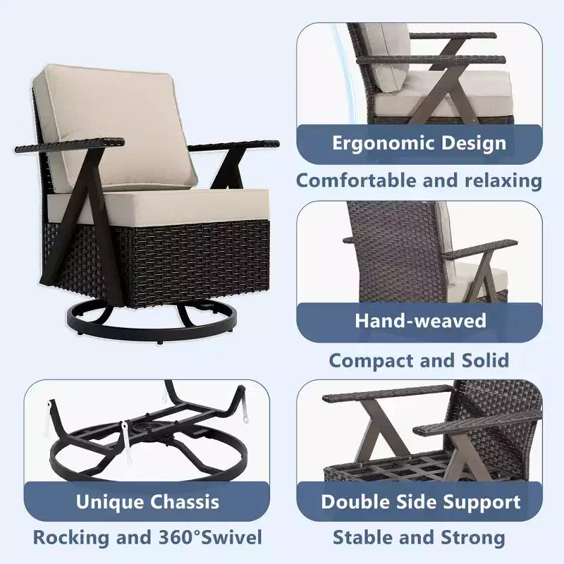 Conjunto premium de asientos para exterior UPTIOT: sofá de 3 plazas, chaise longue doble, 2 pufs y 2 sillas mecedoras giratorias para disfrutar del patio