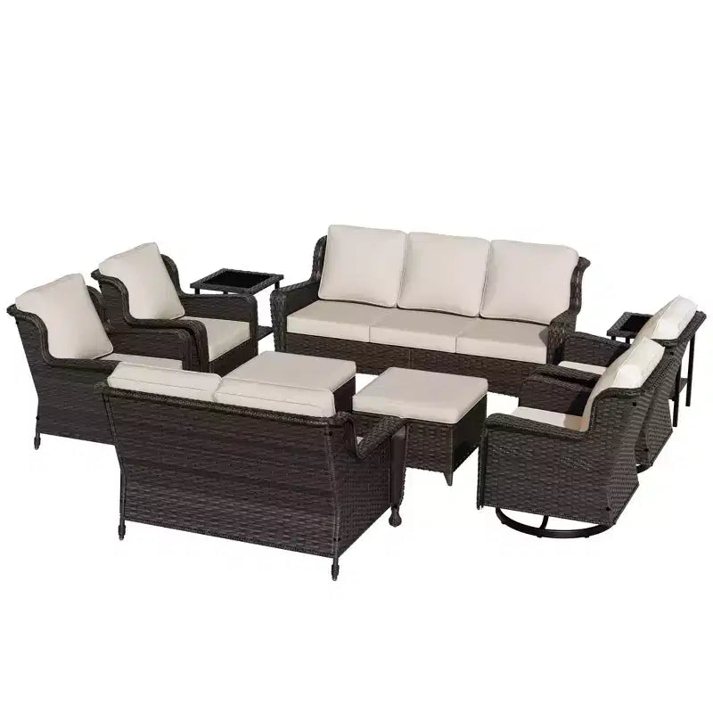 Conjunto exterior premium de 10 piezas UPTIOT: sofá de 3 plazas, sofá biplaza, 2 sillones mecedores giratorios, 2 sillas, 2 otomanas y 2 mesas de centro