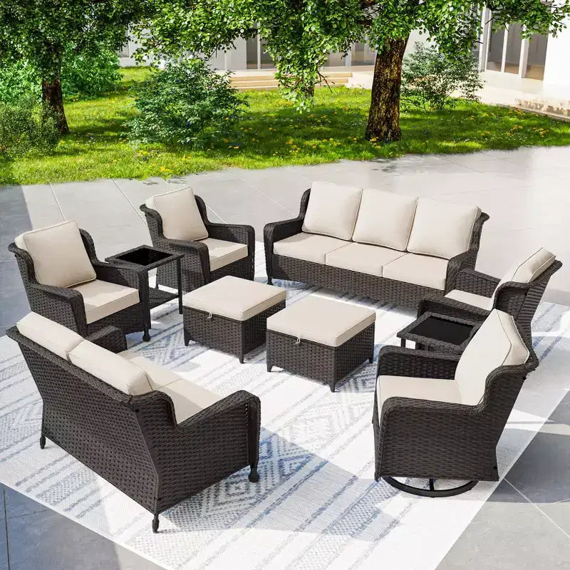 Conjunto exterior premium de 10 piezas UPTIOT: sofá de 3 plazas, sofá biplaza, 2 sillones mecedores giratorios, 2 sillas, 2 otomanas y 2 mesas de centro