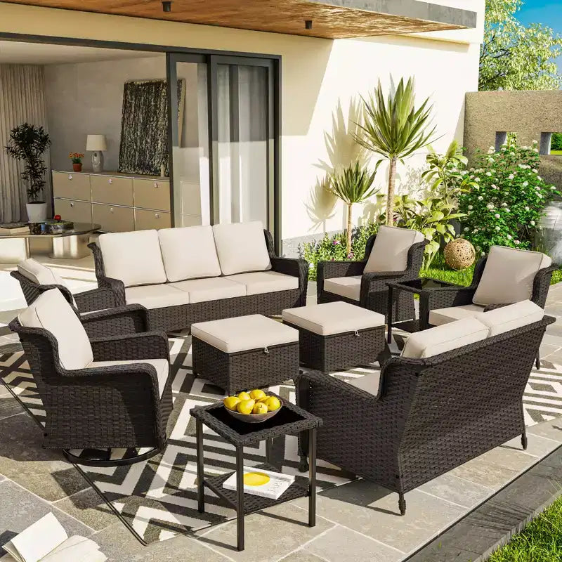 Conjunto exterior premium de 10 piezas UPTIOT: sofá de 3 plazas, sofá biplaza, 2 sillones mecedores giratorios, 2 sillas, 2 otomanas y 2 mesas de centro