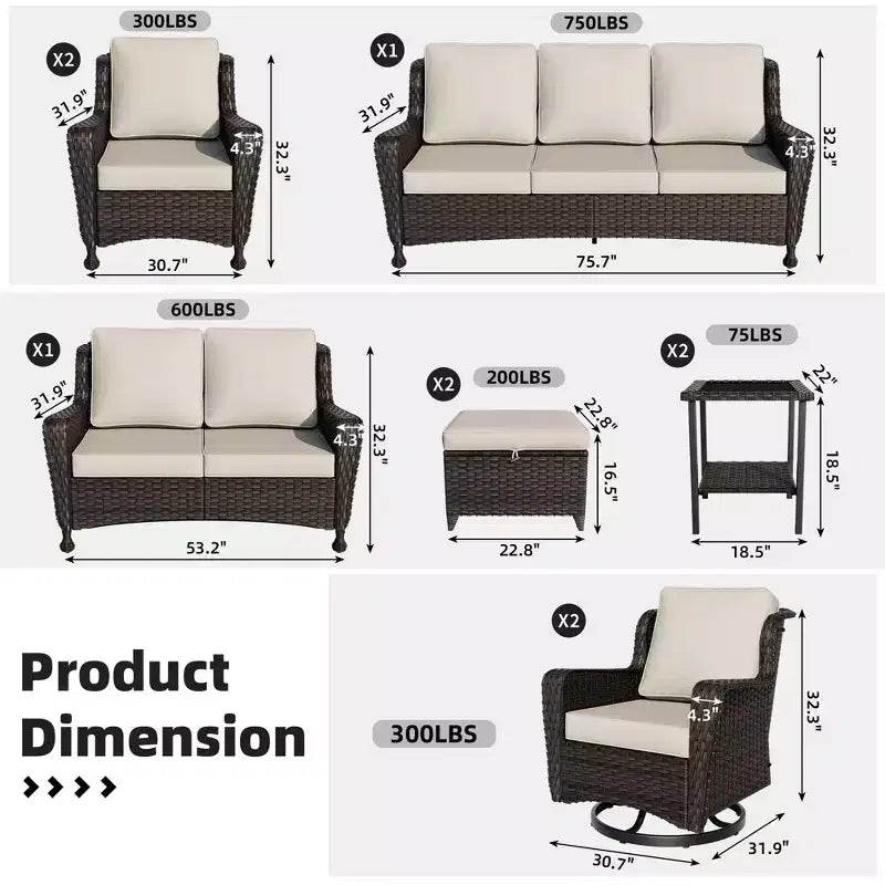 Conjunto exterior premium de 10 piezas UPTIOT: sofá de 3 plazas, sofá biplaza, 2 sillones mecedores giratorios, 2 sillas, 2 otomanas y 2 mesas de centro