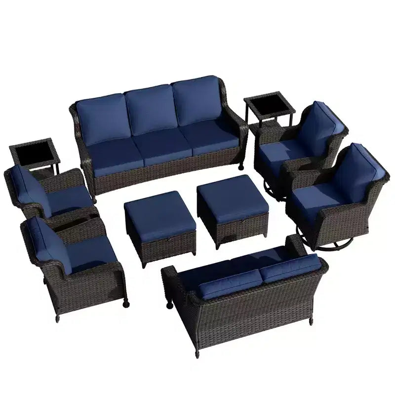 Conjunto exterior premium de 10 piezas UPTIOT: sofá de 3 plazas, sofá biplaza, 2 sillones mecedores giratorios, 2 sillas, 2 otomanas y 2 mesas de centro