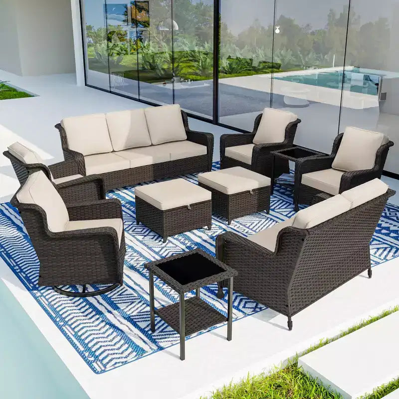 Conjunto exterior premium de 10 piezas UPTIOT: sofá de 3 plazas, sofá biplaza, 2 sillones mecedores giratorios, 2 sillas, 2 otomanas y 2 mesas de centro