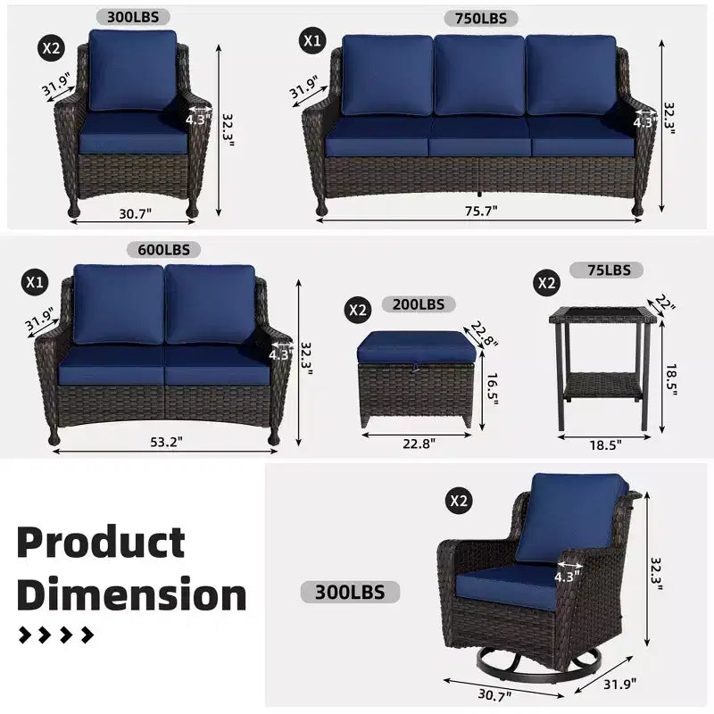Conjunto exterior premium de 10 piezas UPTIOT: sofá de 3 plazas, sofá biplaza, 2 sillones mecedores giratorios, 2 sillas, 2 otomanas y 2 mesas de centro